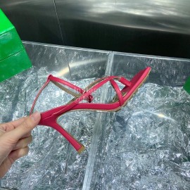 Bottega Veneta Spring Fashion Sheepskin Square Head High Heel Sandals Rose Red