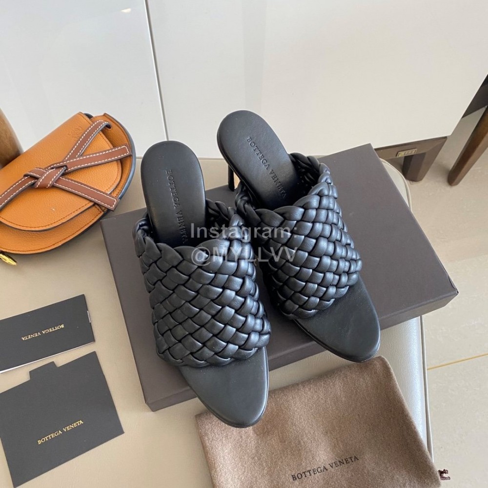Bottega Veneta Spring New Plaid Woven High Heel Slippers For Women Black