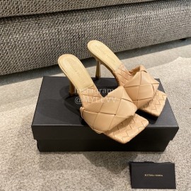 Bottega Veneta Spring Summer Leather Woven High Heel Slippers For Women Khaki