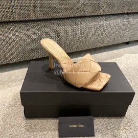 Bottega Veneta Spring Summer Leather Woven High Heel Slippers For Women Khaki