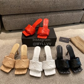 Bottega Veneta Spring Summer Leather Woven High Heel Slippers For Women Khaki