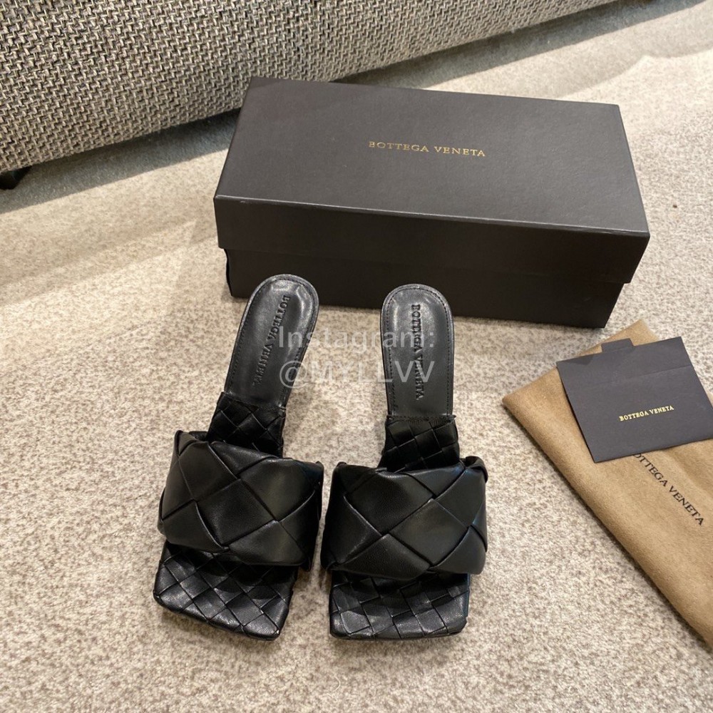 Bottega Veneta Spring Summer Leather Woven High Heel Slippers For Women Black