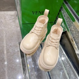 Bottega Veneta Cowhide Wool Thick Soled Lace Up Boots For Women Beige