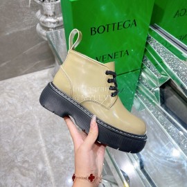 Bottega Veneta Cowhide Wool Thick Soled Lace Up Boots For Women Green
