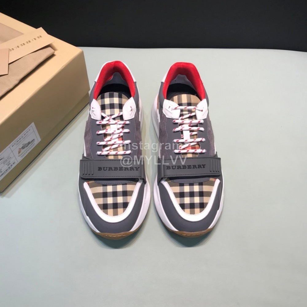 Burberry Vintage Plaid Leather Velcro Lace Up Sneakers For Men Gray