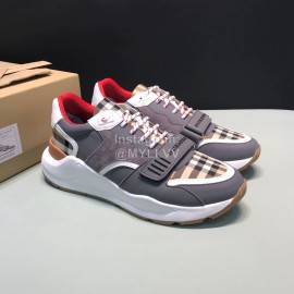 Burberry Vintage Plaid Leather Velcro Lace Up Sneakers For Men Gray