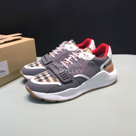 Burberry Vintage Plaid Leather Velcro Lace Up Sneakers For Men Gray