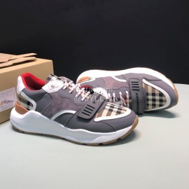 Burberry Vintage Plaid Leather Velcro Lace Up Sneakers For Men Gray