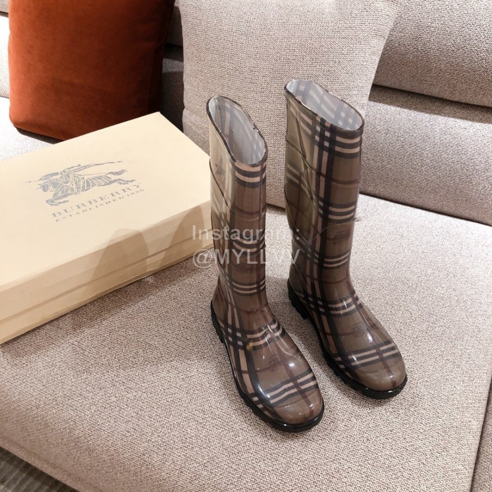 Burberry Fashion Classic Plaid Leather Retro Boots For Women Coffee