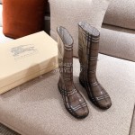 Burberry Fashion Classic Plaid Leather Retro Boots For Women Coffee