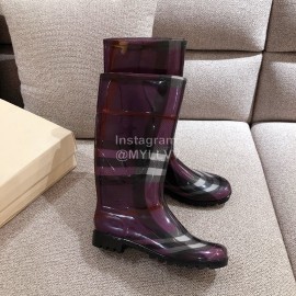 Burberry Fashion Classic Plaid Leather Retro Boots For Women Purple