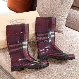 Burberry Fashion Classic Plaid Leather Retro Boots For Women Purple
