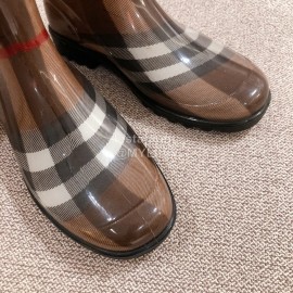 Burberry Fashion Classic Plaid Leather Retro Boots Coffee For Women