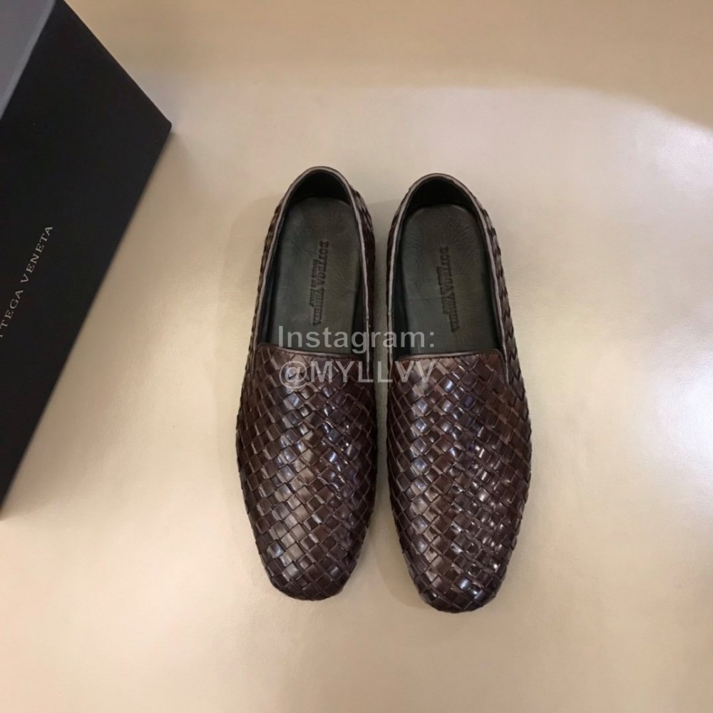 Bottega Veneta Soft Coffee Woven Calf Leather Shoes For Men 