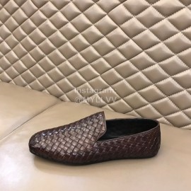 Bottega Veneta Soft Coffee Woven Calf Leather Shoes For Men 