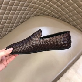 Bottega Veneta Soft Coffee Woven Calf Leather Shoes For Men 
