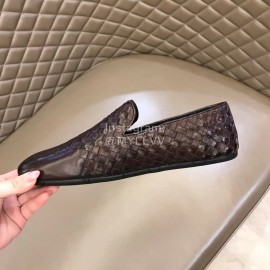 Bottega Veneta Coffee Woven Calf Leather Shoes For Men 