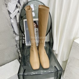 By Far Fashion Cowhide Thick High Heeled Boots For Women Apricot