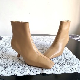 Byfar Simple Sheepskin Square Head Side Zipper Boots For Women Apricot