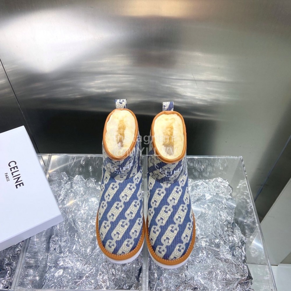 Celine Autumn Winter Printed Wool Canvas Short Boots Blue For Women 