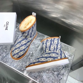 Celine Autumn Winter Printed Wool Canvas Short Boots Blue For Women 