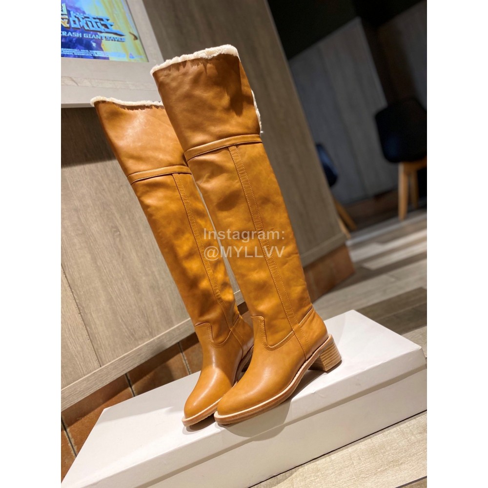 Celine Winter Calf Leather Lamb Wool Lapel Knee Boots For Women Brown