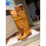 Celine Winter Calf Leather Lamb Wool Lapel Knee Boots For Women Brown