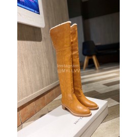 Celine Winter Calf Leather Lamb Wool Lapel Knee Boots For Women Brown