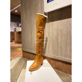 Celine Winter Calf Leather Lamb Wool Lapel Knee Boots For Women Brown