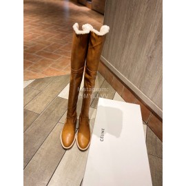 Celine Winter Calf Leather Lamb Wool Lapel Knee Boots For Women Brown