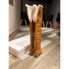 Celine Winter Calf Leather Lamb Wool Lapel Knee Boots For Women Brown