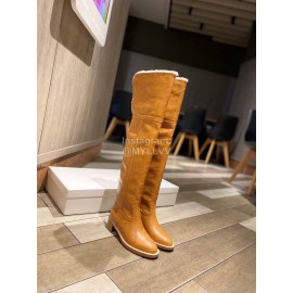 Celine Winter Calf Leather Lamb Wool Lapel Knee Boots For Women Brown
