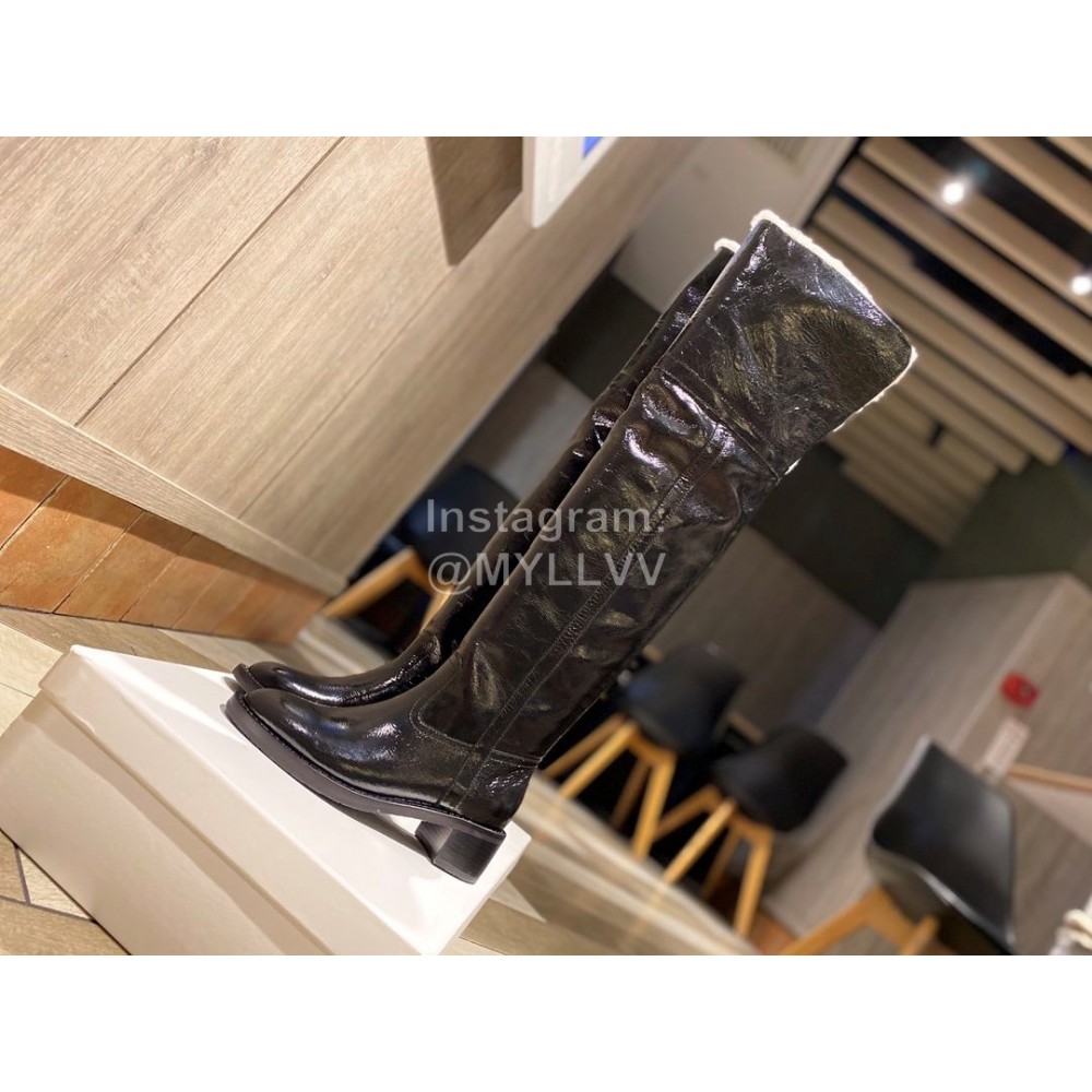 Celine Winter Calf Leather Lamb Wool Lapel Knee Boots For Women Black