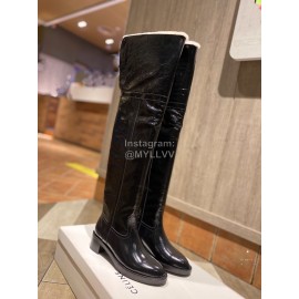 Celine Winter Calf Leather Lamb Wool Lapel Knee Boots For Women Black