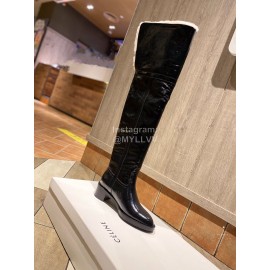 Celine Winter Calf Leather Lamb Wool Lapel Knee Boots For Women Black