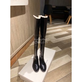 Celine Winter Calf Leather Lamb Wool Lapel Knee Boots For Women Black