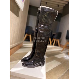 Celine Winter Calf Leather Lamb Wool Lapel Knee Boots For Women Black