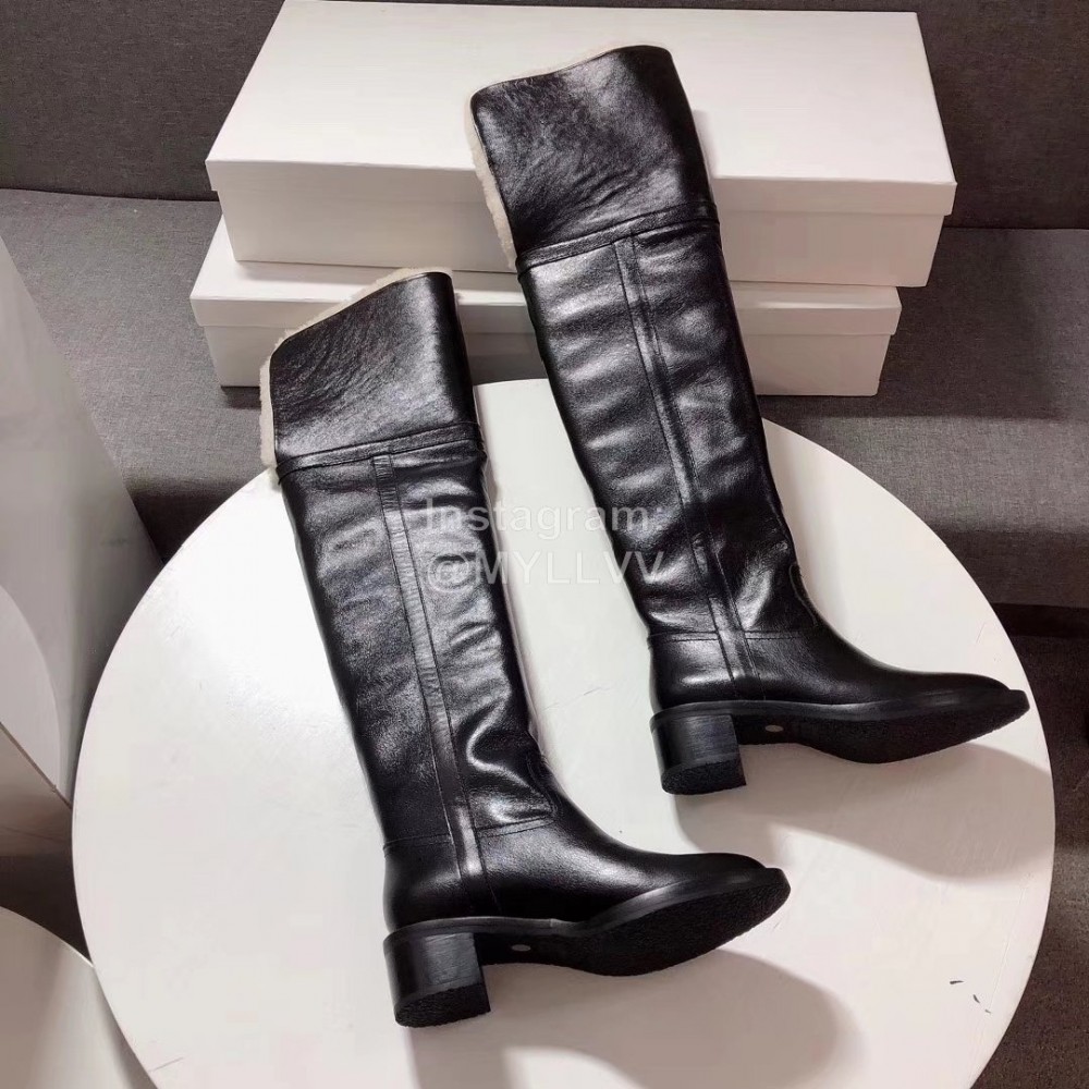 Celine Winter Lamb Wool Black Lapel Over Knee Boots For Women 