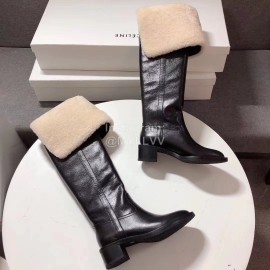 Celine Winter Lamb Wool Black Lapel Over Knee Boots For Women 