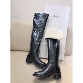 Celine Classic Black Calf Warm Wool Long Tube Over Knee Boots For Women 