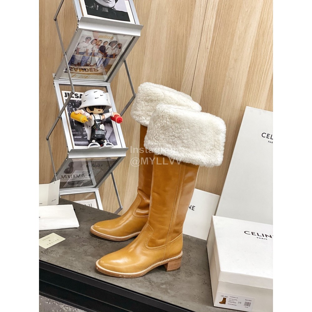 Celine Winter Cowhide Wool High Heeled Boots For Women Brown