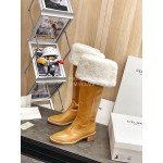 Celine Winter Cowhide Wool High Heeled Boots For Women Brown