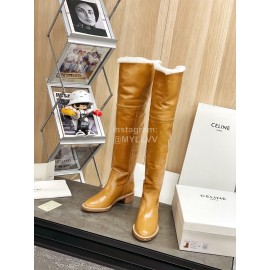 Celine Winter Cowhide Wool High Heeled Boots For Women Brown