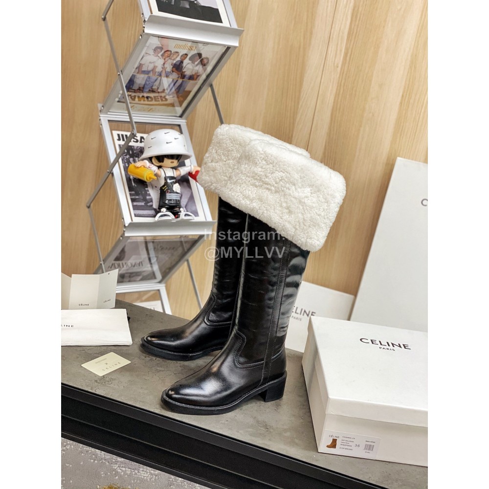 Celine Winter Cowhide Wool High Heeled Boots For Women Black