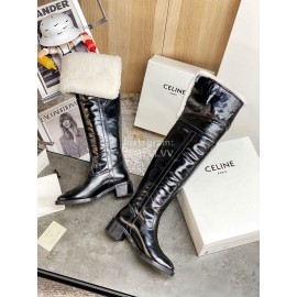 Celine Winter Cowhide Wool High Heeled Boots For Women Black