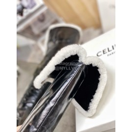 Celine Winter Cowhide Wool High Heeled Boots For Women Black