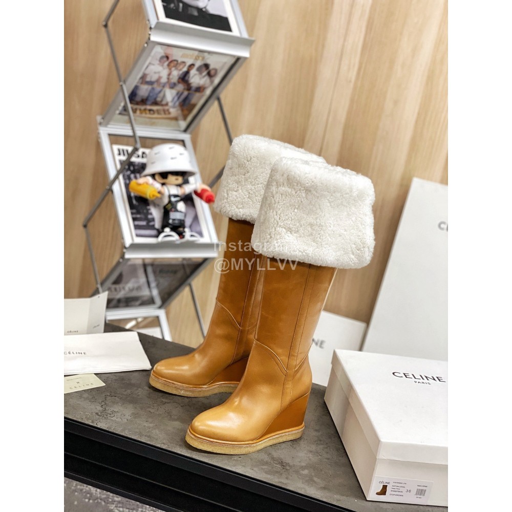 Celine Winter New Cowhide Wool High Heeled Boots For Women Brown