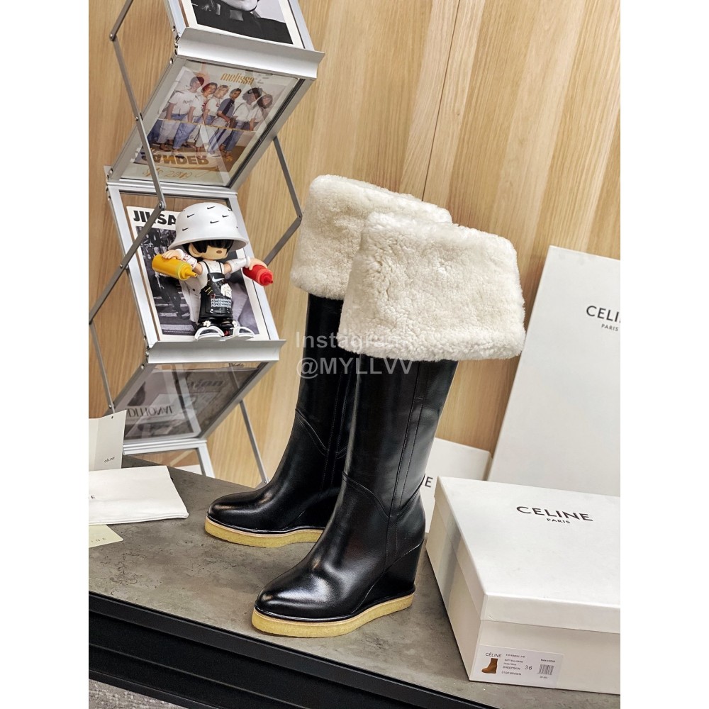 Celine Winter New Cowhide Wool High Heeled Boots For Women Black