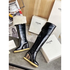 Celine Winter New Cowhide Wool High Heeled Boots For Women Black