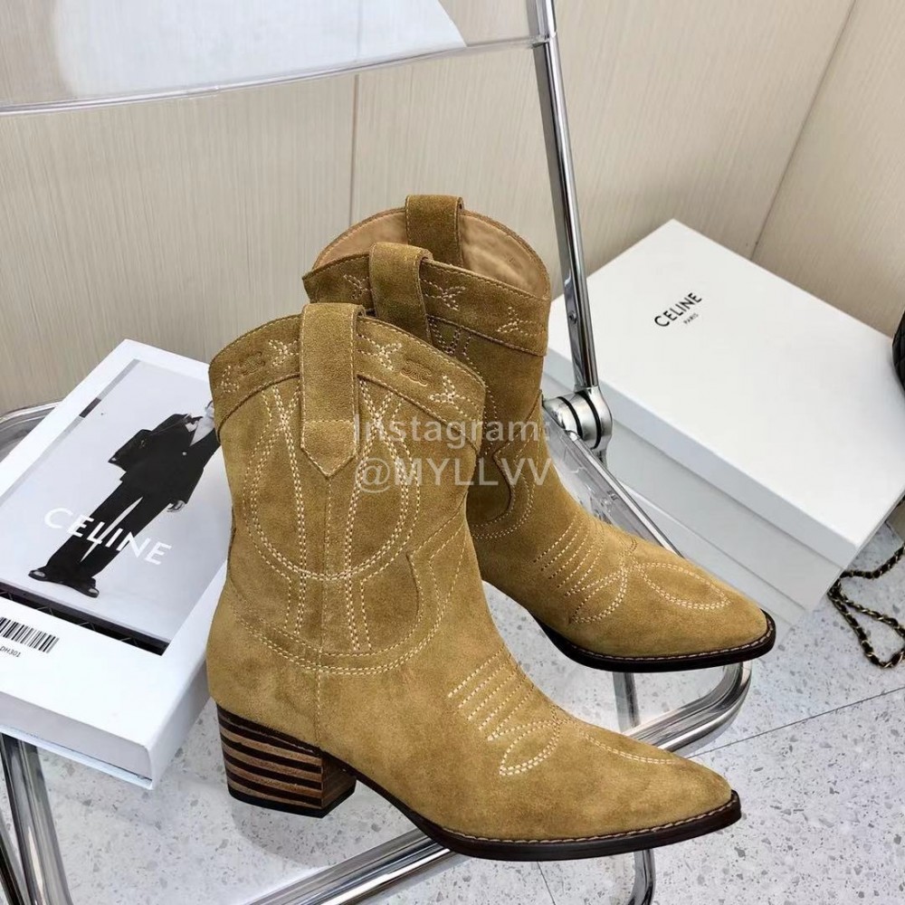 Celine Vintage Carved Velvet Cowhide Thick High Heeled Short Boots For Women Khaki